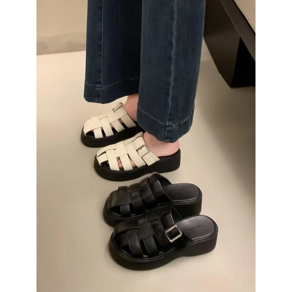 Baotou half slippers women's summer wear new retro woven hollow thick-soled cold slippers