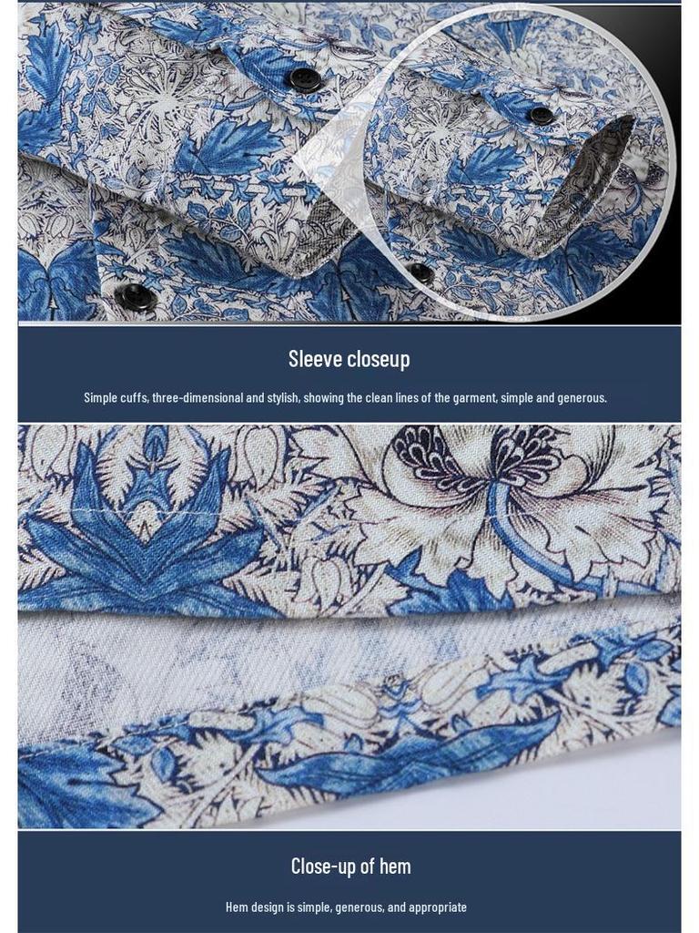 Spring & Autumn Men's Plus Size Printed Cotton Linen Shirt - Business Casual, Long Sleeve.