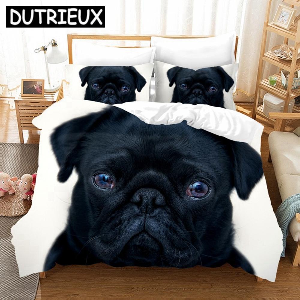 Cute Pugs 3D Duvet Cover King Size Animal Dog Printed Black White Quilt Cover Pillowcase Set Custom Bed Linen Kids Bedding Set