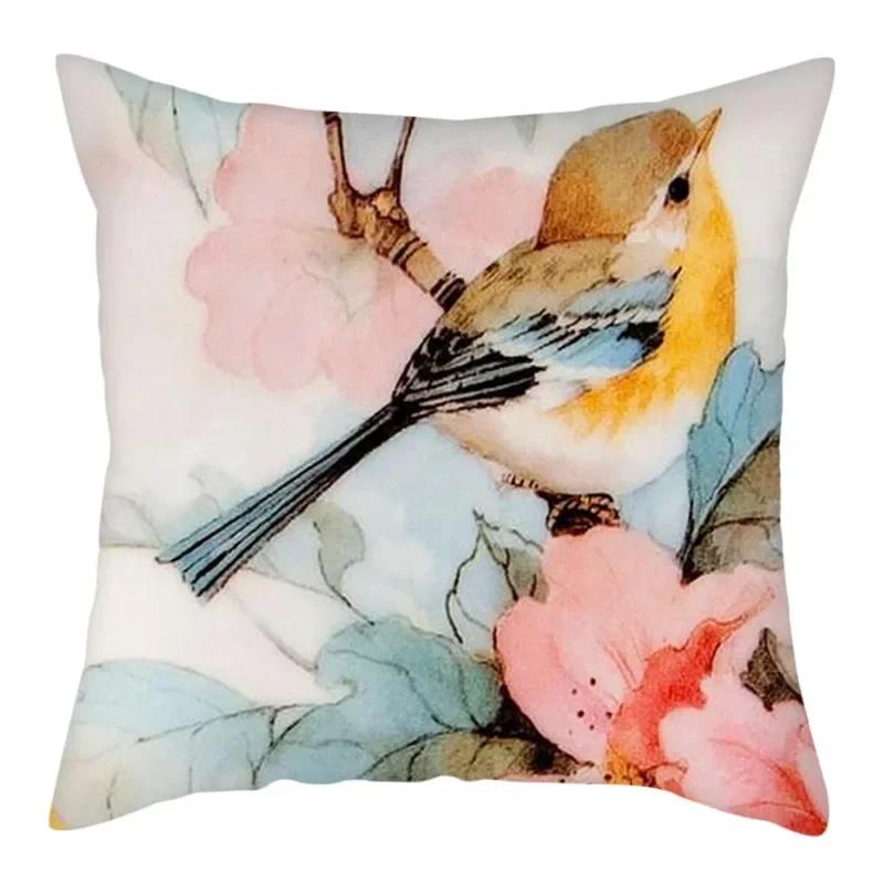 Flower And Birds Polyester Pillow Cover Bird Animal Printed Cushion Cover Throw Pillowcase For Home Sofa Decor 45X45Cm