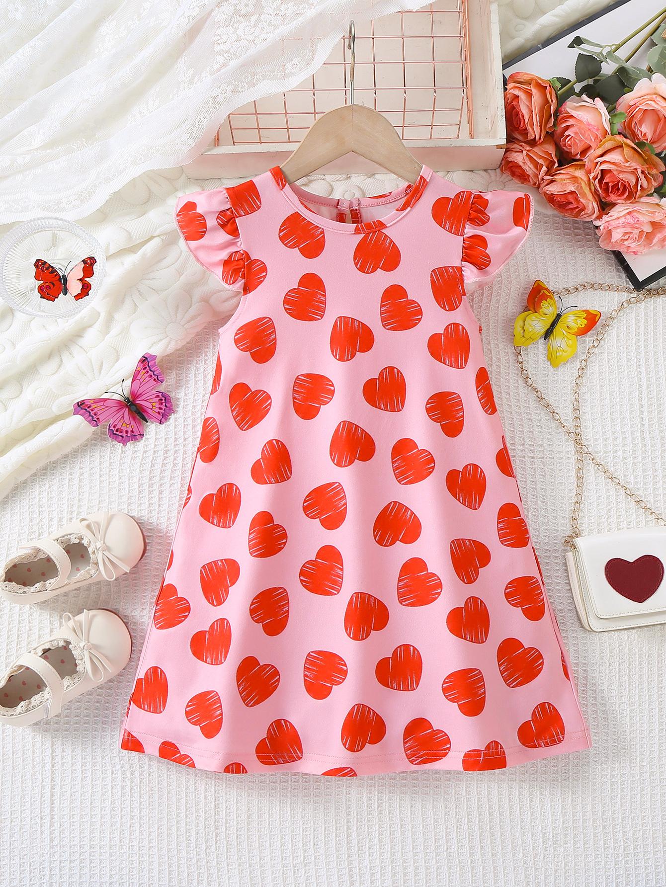 

Girls Everyday Casual Dopamine Style Dress — Cute, All-Over Heart Print, Crew Neck, Flutter Sleeve Dress (Spring/Summer Collection) 2-3Y розовый