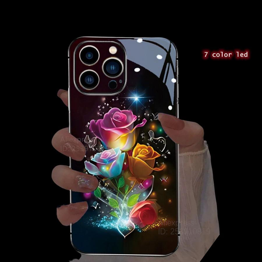 Colorful Lucky Lotus Flash Flower Phone Case For iPhone 13 Case 16 Pro Max 16e 15 11 14 13 12 XR LED Shine Carcasa Glass Cover