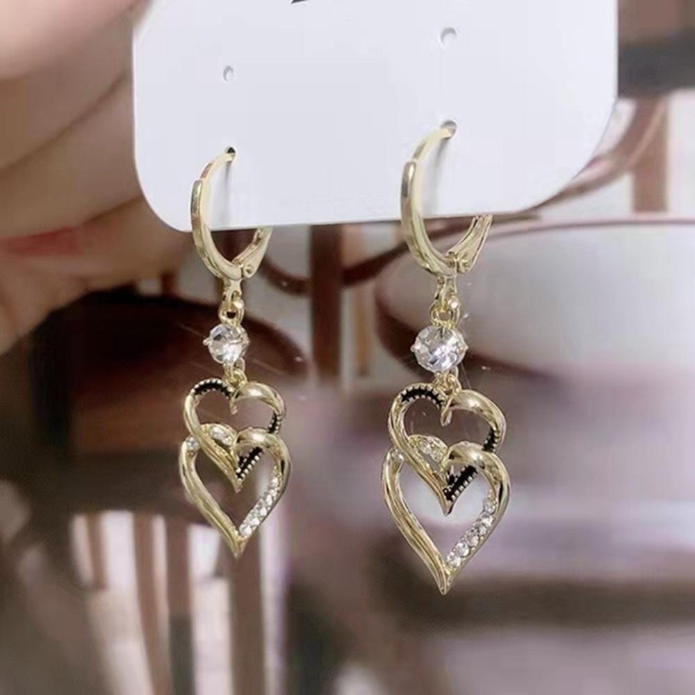 Boucles d'oreilles pendantes en forme de cœur à double couche de luxe pour femmes, bijoux de mariage coréen en cristal strass