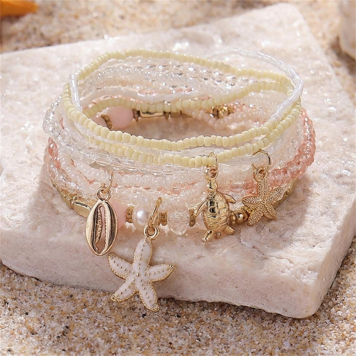 

10 Pcs Colorful Rice Beads Stacked Bracelets Set for Women Handmade Starfish Turtle Crystal Bead Elastic Bracelet Party Zircon