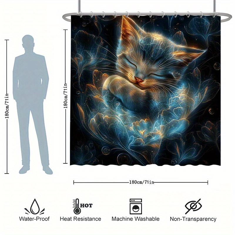 Open 1/4 Set, Cute Cat Shower Curtain Set, Fantasy Style, With 12 Hooks, Polyester Fabric, Modern Home Bathroom Decor