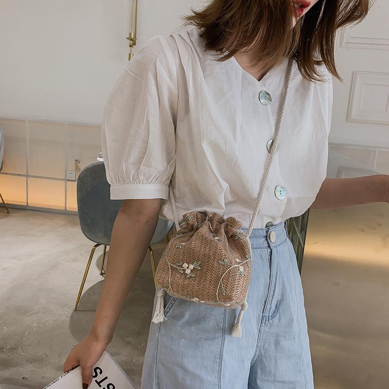 Floral Canvas Bag Bucket Straw Bag Women's Small Fresh Lace Fashion Shoulder Crossbody Bag