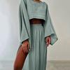 2 Pcs/Set Women Crop Top Skirt Set Long Sleeve Slant Neck Short Top High Waist Split Skirt Solid Color Vacation Beach Bikini Coverup Club Party Top