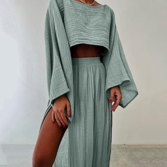 2 Pcs/Set Women Crop Top Skirt Set Long Sleeve Slant Neck Short Top High Waist Split Skirt Solid Color Vacation Beach Bikini Coverup Club Party Top