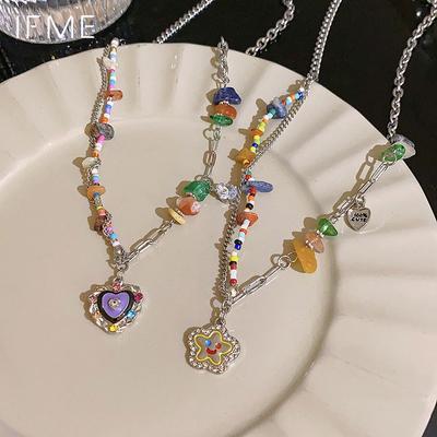 Collana Boho Colorata con Ciondolo a Cuore Viola di Perline per Donna Ragazza Catena Clavicola in Pietra Naturale Irregolare Accessori Gioiello Y2K