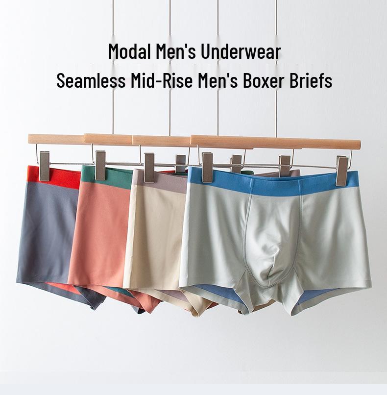 Modal Men's Mulberry Silk Color Block Seamless Boxer Briefs - Mid-Rise.
