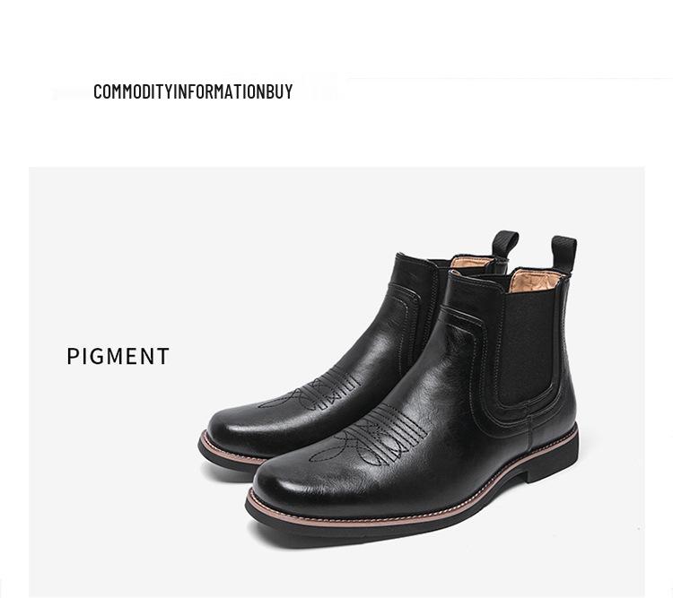 Men's Embroidered Leather Chelsea Cowboy Boots, Retro British Style, High-Top Slip-On, Short Winter Boots