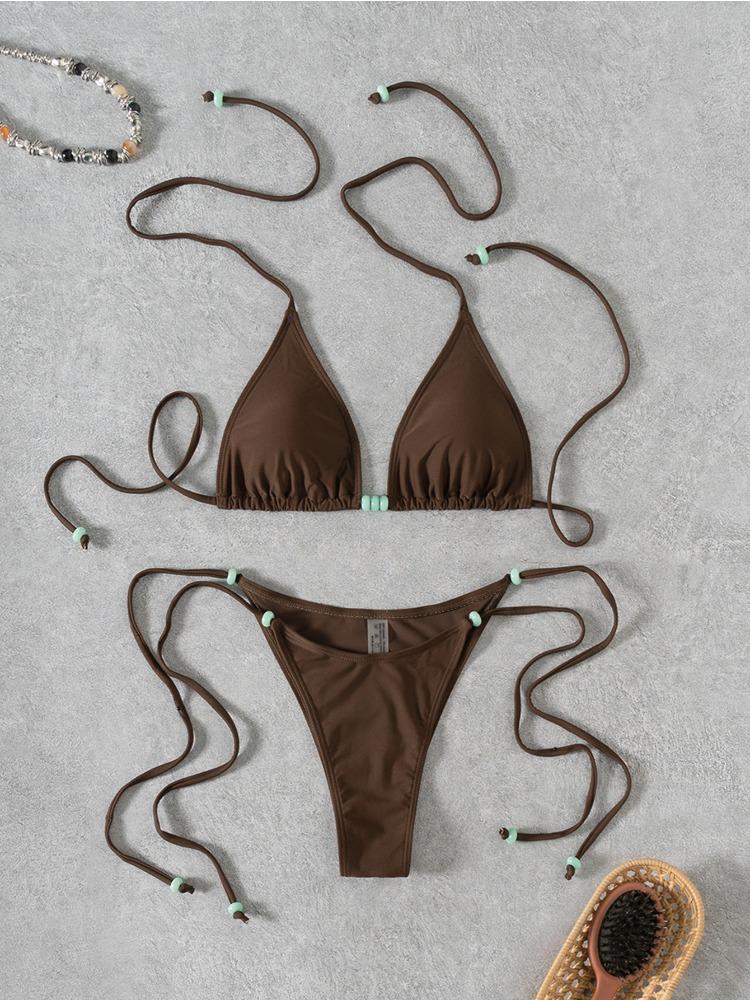 Solid Beaded Tie Side Sexy Two Piece Bikini Swimsuit Comfortable Elegant For Vacation