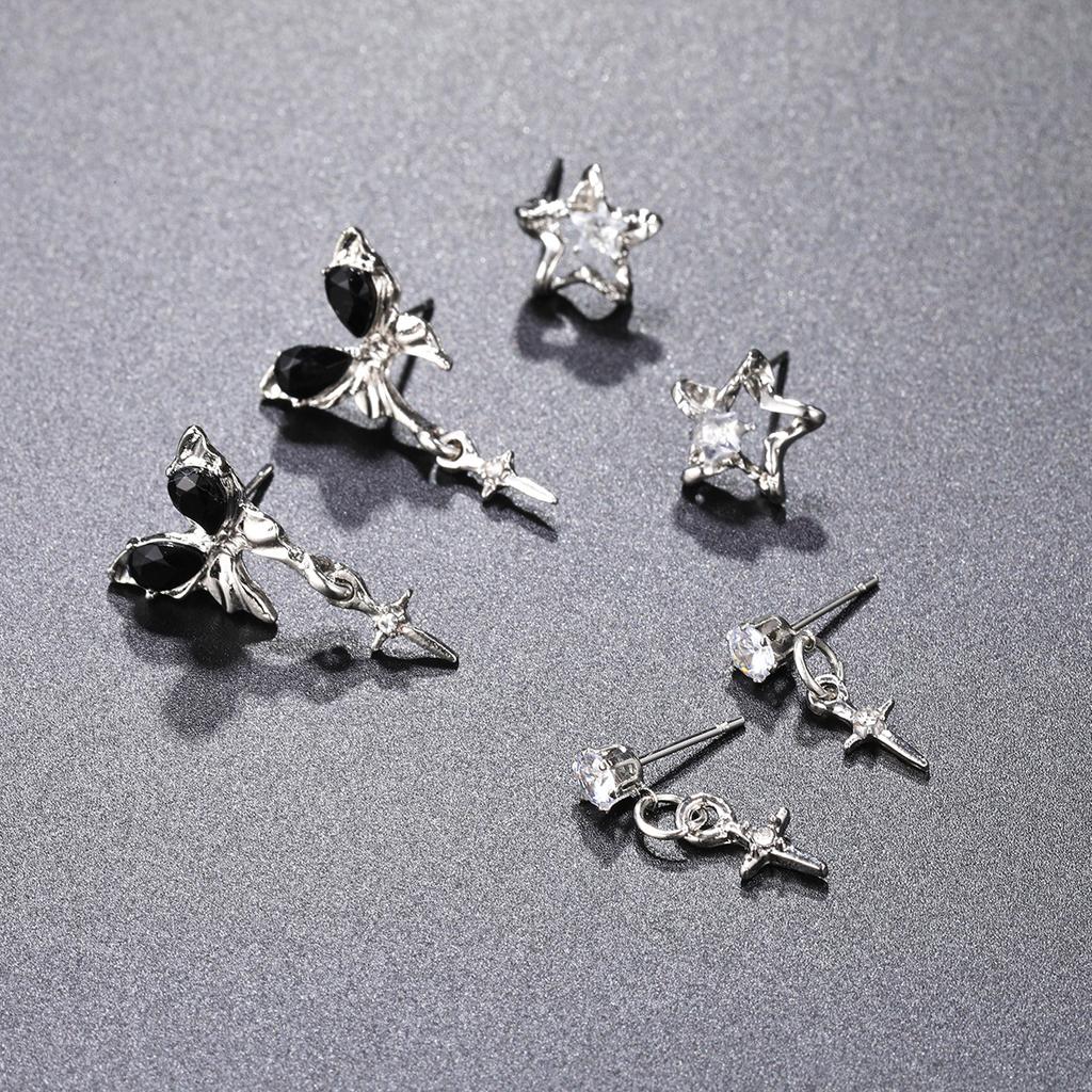 New Fashion Goth Black Butterfly Crystal Star Earring Set For Women Girl Vintage Aesthetic Heart Stud Earring Trendy Y2K Jewelry