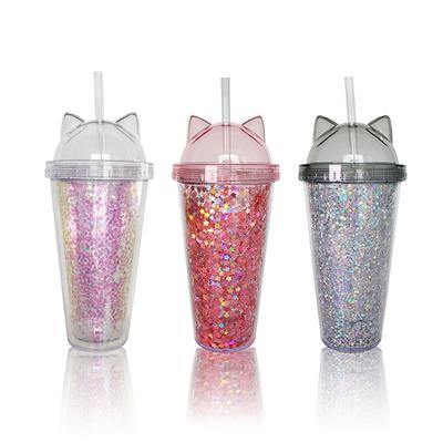 Yousheng 420ml Water Cup Eye-catching Heat Resistant PS Lovely Water Drinking Straw Cup with Sequins for Home