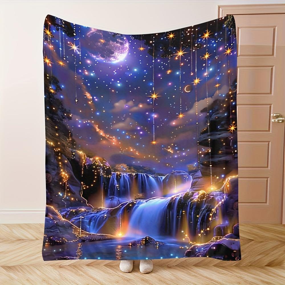 Dreamy Starry Waterfall Flannel Blanket Magical Night Sky Print Soft Cozy Throw for Home Outdoor Use All Seasons