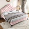 Upholstered Bed 140*200 with Slatted Frame, Height-Adjustable Headboard, for Adults & Teenagers, Wooden Slat Support, Easy Assembly, Velvet, Pink