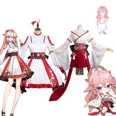 Yae Miko Lolita Dress Hair Wig   Cosplay Costume Halloween Carnival Suit Role Play Female Clothing Disguise