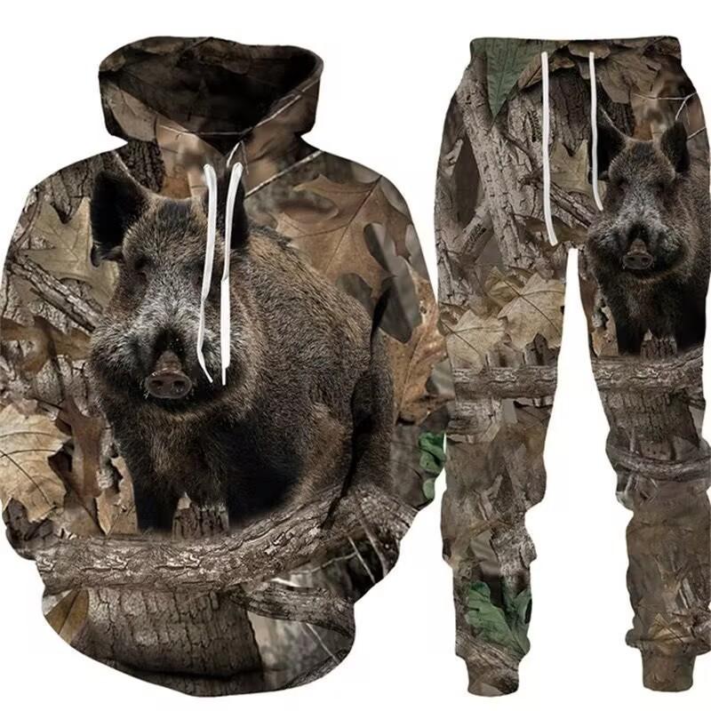 Men Camouflage 3D Print Hooded Cycling Jersey 2Pcs Tracksuit Outdoor Sports Set