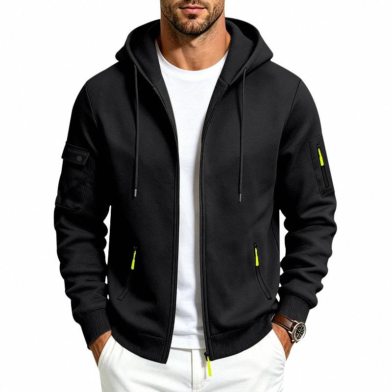 Men's Solid Zip‑Up Hooded Sweatshirt Casual Drawstring Hoodie Jacket Long Sleeve Arm Pocket Sports Outerwear for Male