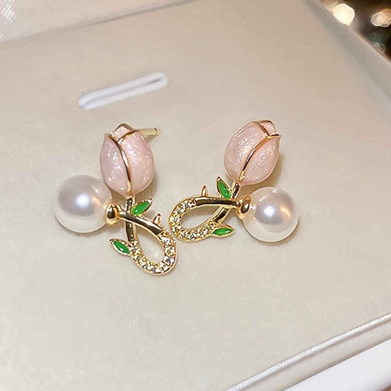 1 Pair Elegant Luxury Floral Stud Earrings with Faux & Rhinestone Tassels, Copper Base & 925 Sterling Silver Posts, Perfect for Women'S Fashion