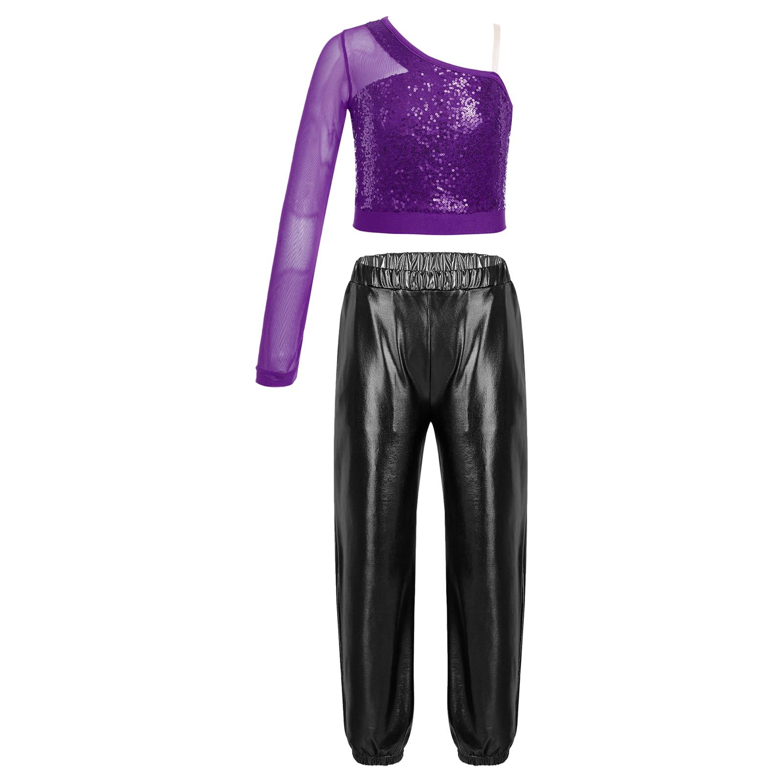 

Girls Sparkly Sequins Dance Set Sheer Mesh Long Sleeve One Shoulder Crop Top Metallic High Waist Pants 15-16 Years фіолетовий/чорний