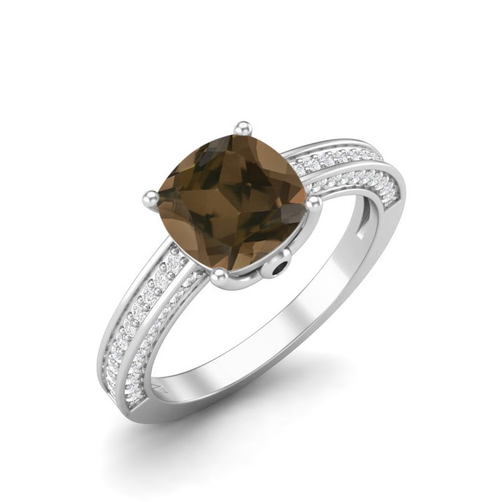 7mm Cushion Shape Smoky Quartz 925 Sterling Silver Solitaire Women Engagement Ring