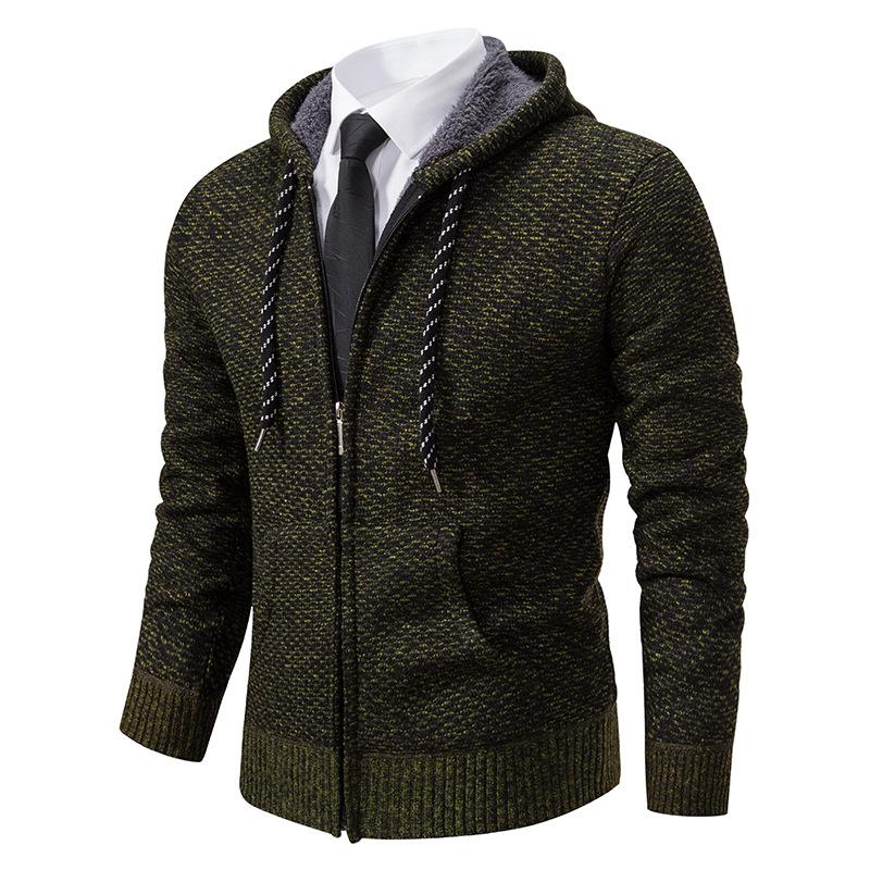 Men's Hooded Fleece-Lined Knitted Cardigan - Thick, Plus Size, Autumn/Winter 2023 Collection.