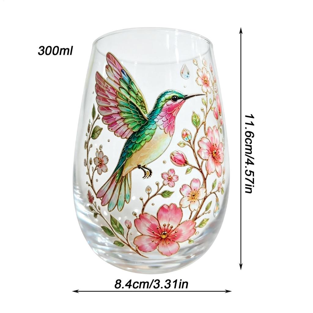 Glass Tea Cup 300ml Bird and Flower Pattern Water Mug Glass Tea Mug for Cafe Home Birthday Party Wedding Whiskey Kitchen Bar