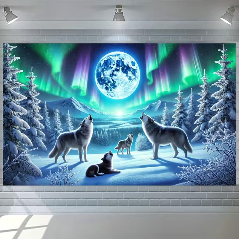 2D Full Moon Wolves Tapestry Northern Lights Photography Background