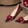 2025 New Pointed Toe Rhinestone Flower Red  Wedding Shoes Women's Block Heel High Heel Single Shoes Chinese Style