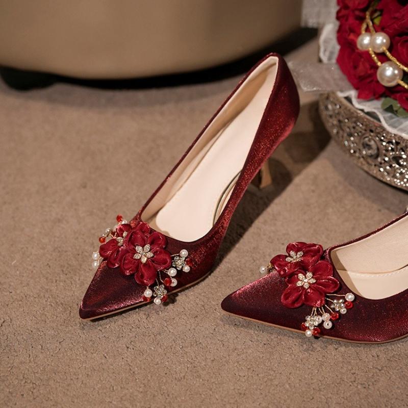 2025 New Pointed Toe Rhinestone Flower Red  Wedding Shoes Women's Block Heel High Heel Single Shoes Chinese Style
