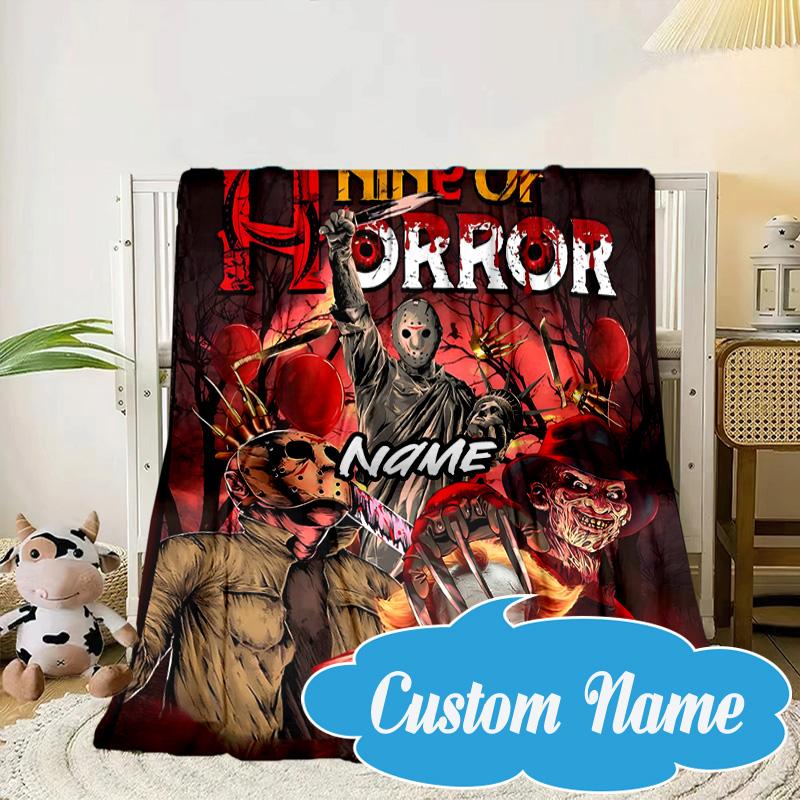 Custom Name Horror Movie Night Blanket bed sofa Blanket Flannel Blanket for Camping, Hiking, Picnic Essentials,gift for Fan family