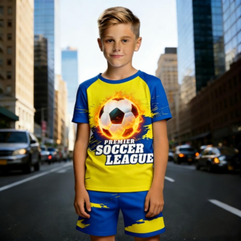 

Summer Fashion European Style Fun Football Kids T-shirt and Shorts 2 Piece Set Summer Casual Outdoor Boy s and Girl s Outfit Set 100
