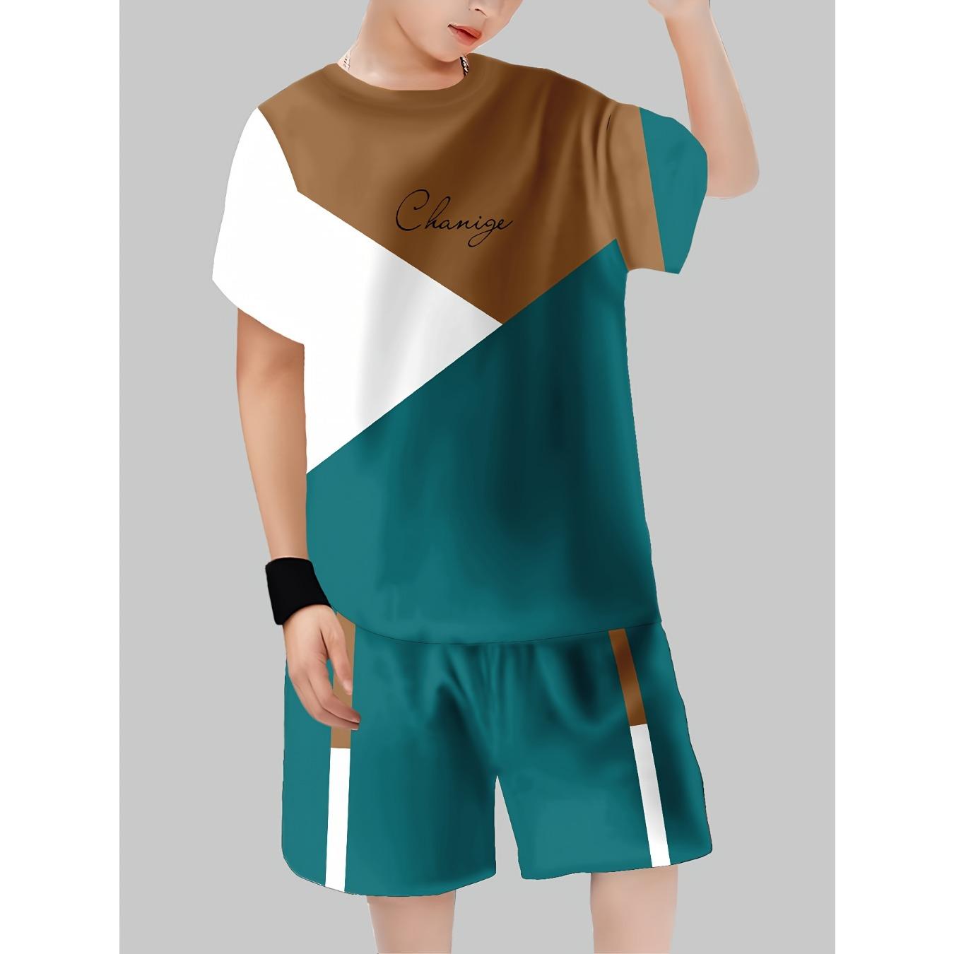 

Boys Fashion 3D Print Casual Outfit - Short Sleeve Shorts Set Polyester Blend, Geometric Design, Spring/Summer 13Y-14Y