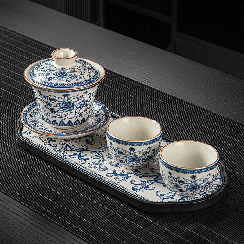 New Chinese Style Huangru Kiln Flower Teaware Sets with One Pot and Two Cups Tea Set and Dry Brewing Plate Tea Stand