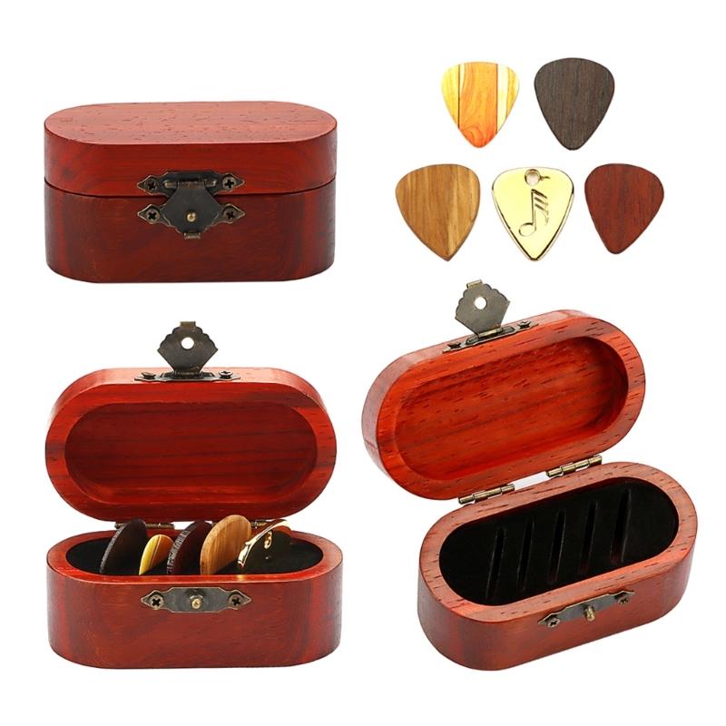 Wood Guitar Pick Storage Box Container Portable Guitar Pick Box Holder Collector with 5 Guitar Pick Gift for Guitarist
