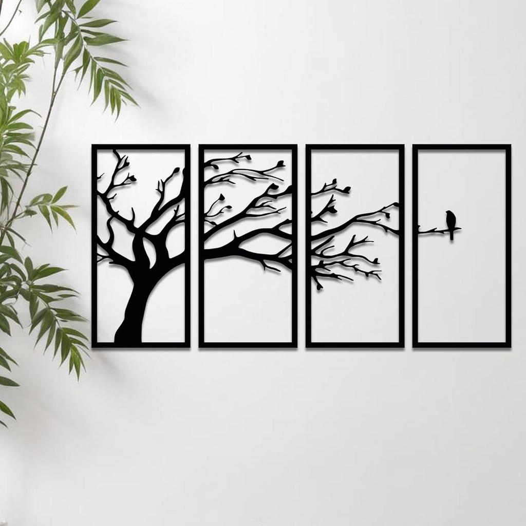 Pre-Laminated Pine Wood Bird On a Tree In Wall Art | Laser Cut Precision | For Home Décor | For Gifting (Set of 4)