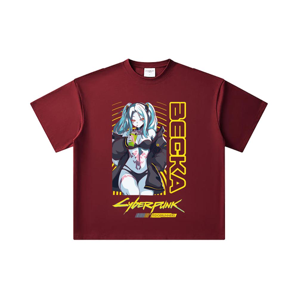 

260 GSM Double Yarn 32 Count 100% Cotton Cyberpunk V10 Becka Print Unisex Heavy Cotton T Shirt 2XL вина червоного кольору