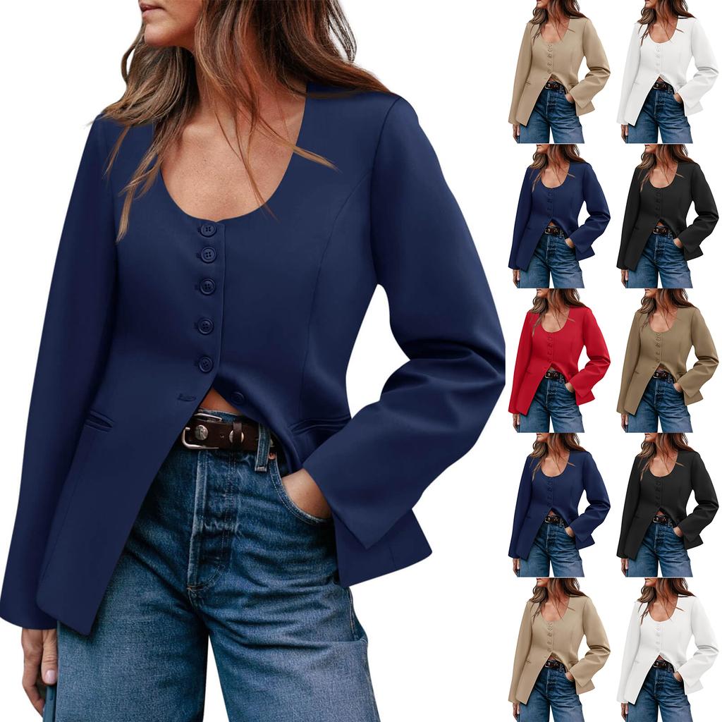 Ladies' Fashionable Button Low Round Neck Slit Hem Casual Solid Color Suit