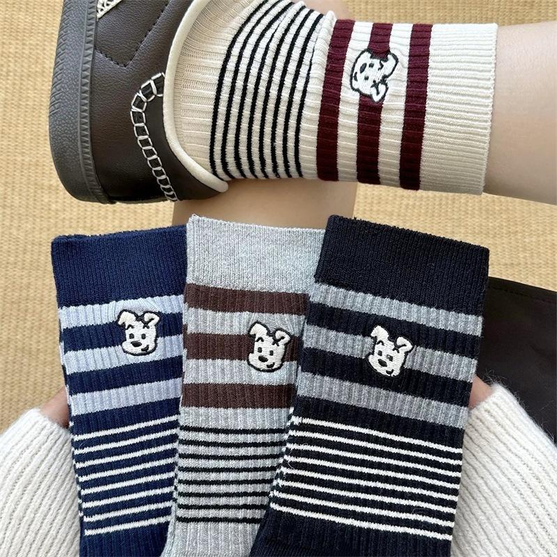 Autumn and Winter Striped Embroidered Puppy Cartoon Mid-calf Socks for Girls