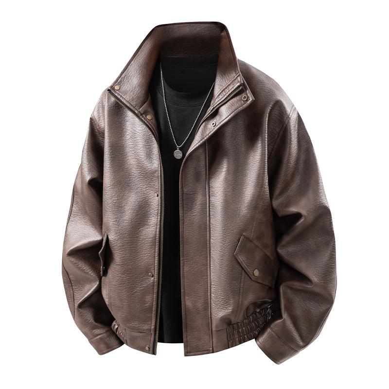 Mens Pu Leather Jacket Stand Collar Loose Retro Motorcycle Casual Outerwear
