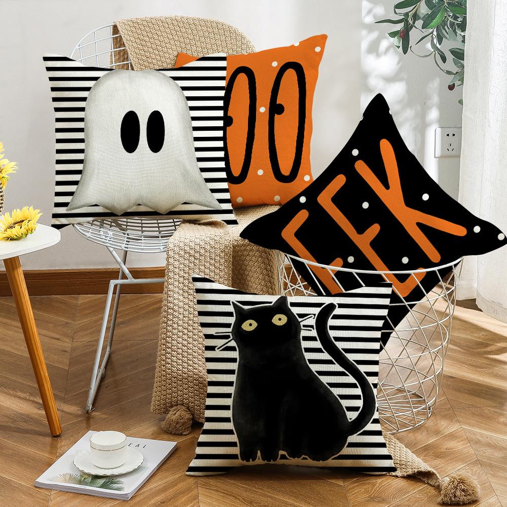 New Halloween Black Cat Striped Linen Pillow Cover Ghost Retro Elements Home Living Room Bedroom Sofa Decoration