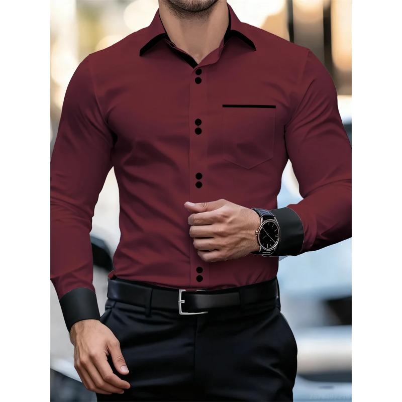 Men's Business Color Block Collar Long Sleeve Shirt, Slim Fit, Wrinkle-Free, Black and White Patchwork Shirt, Men's Fashion Top
