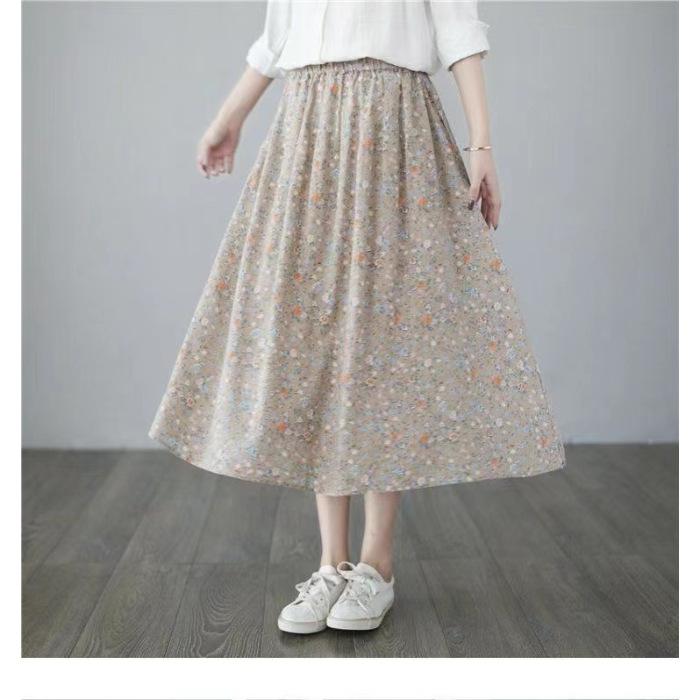 

Pocket literary and artistic small floral skirt women s medium and long styles, fresh summer new models, thin high-waisted pendulum a-shaped skirt M абрикосовый