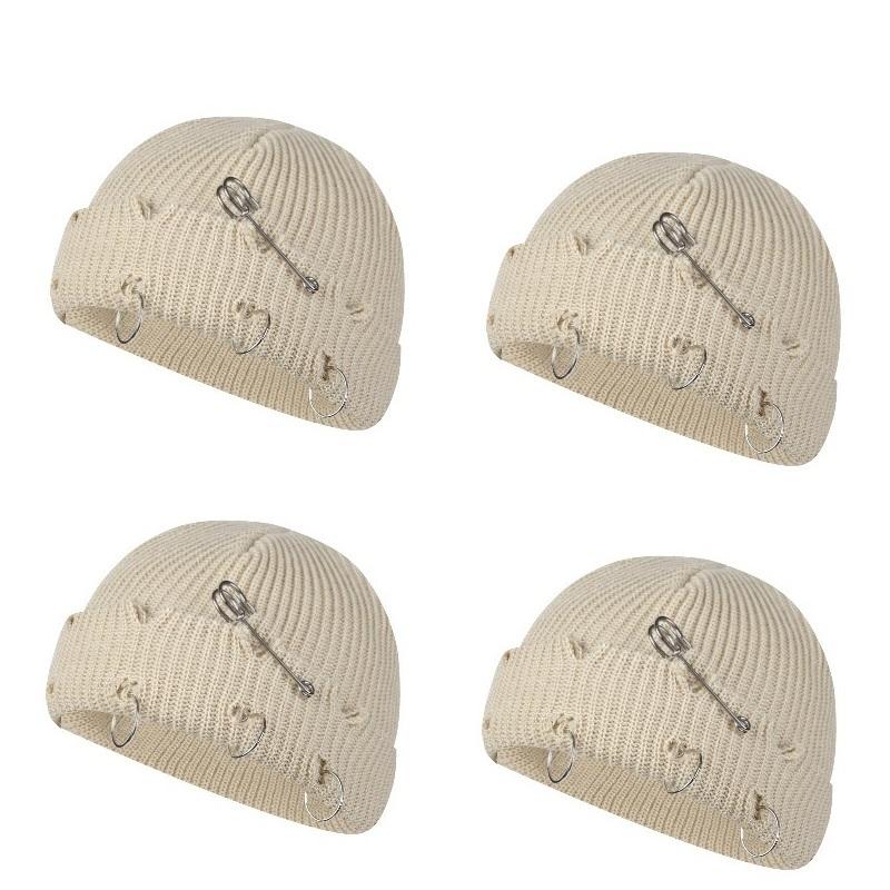 Women Girls Y2k Gothic Beanie Winter Knit Hats Trendy Metal Rings Pin Hip Hop Streetwear Harajuku Skull Cap Emo Scene Grunge