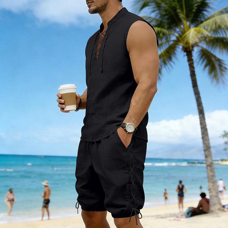 Men's Linen Plus Size Sleeveless Stand Collar Jogger Shorts Set with Drawstring