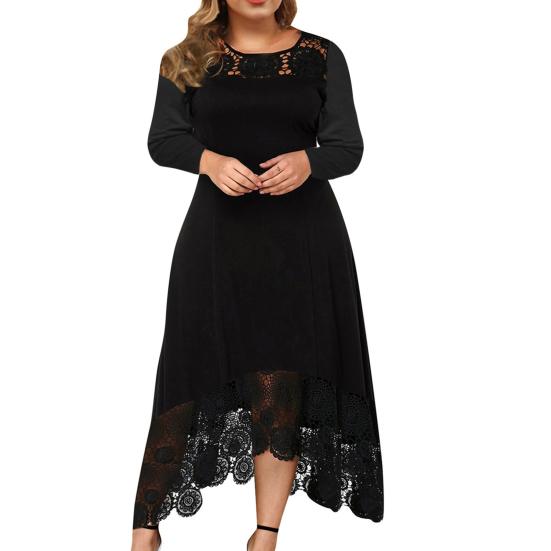 Women Dress Round Neck Long Sleeves Mid-Waist Irregular Hem Lace Stitching Elegant