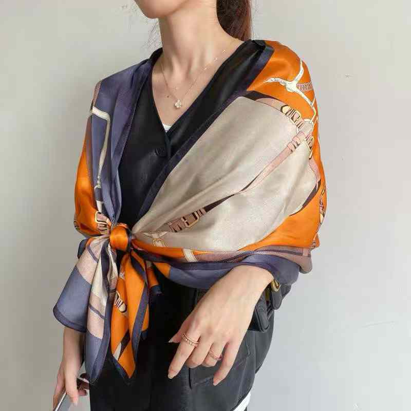 [BYSIFA] Fashion New Orange Grey Scarves Women Elegant New 100% Silk Scarf Shawl Printed Fall Winter Ladies Brand Scarves Wraps
