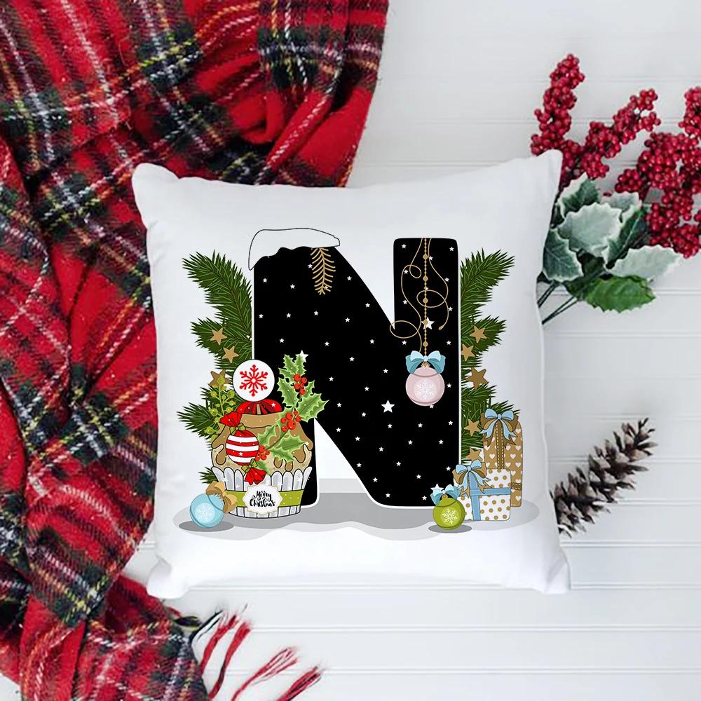 Christmas Cushion Cover Alphabet A-Z Pillow Covers Cute Cartoon Santa Claus Cushion Cover Pillowcases Home Xmas Decoration