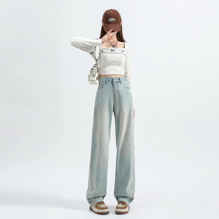 

Women s Autumn Hot Diamond Wide-leg Pants for Women s Autumn Straight and Loose High Waist Slim and Smooth 2XL